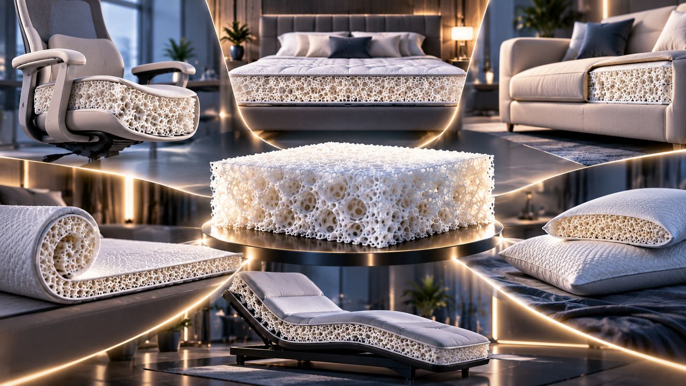 A central block of open-cell material surrounded by possible uses: an office chair, a bed, a sofa, a mattress topper, a pillow and a recliner