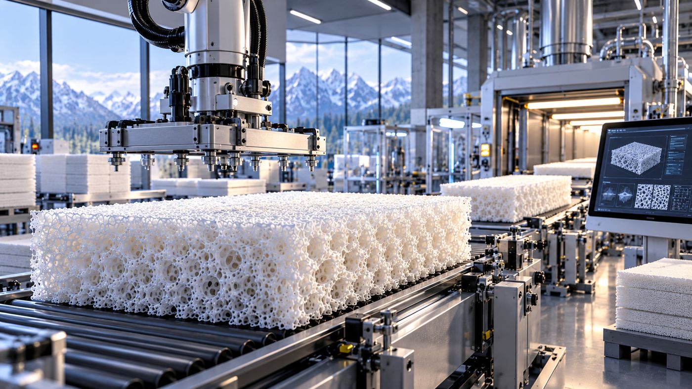 Automated production line handling blocks of open-cell material in a bright industrial hall