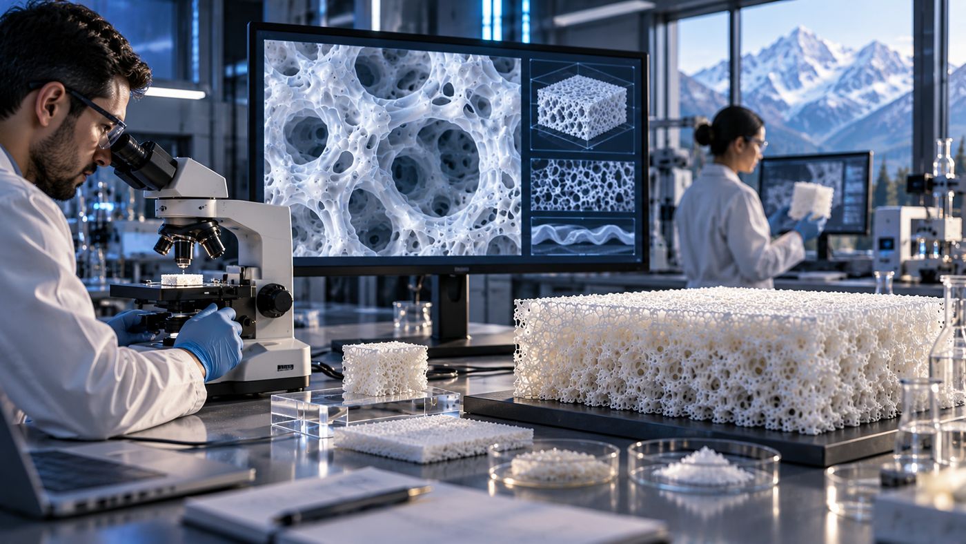 Researchers in a laboratory examining open-cell material under a microscope and on screen