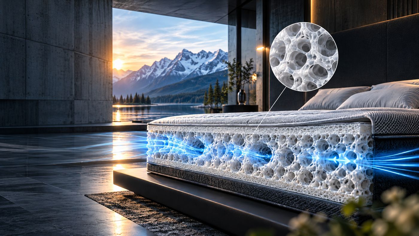 Cross-section of a mattress showing open-cell material with illustrative blue airflow paths, beside a lake and mountains at sunset